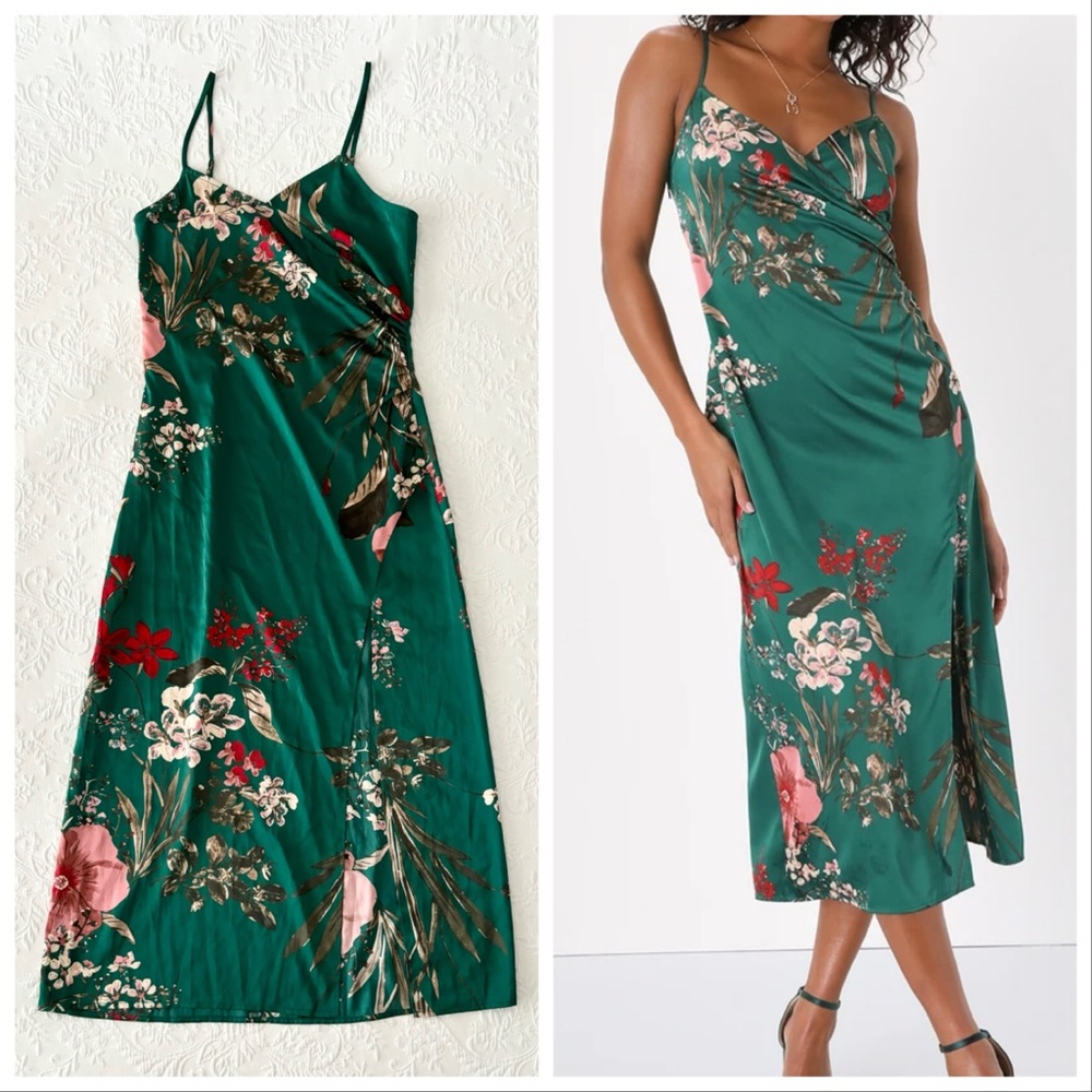 Lulus Remarkable Entrance Emerald Green Floral Print Satin Midi Dress Small